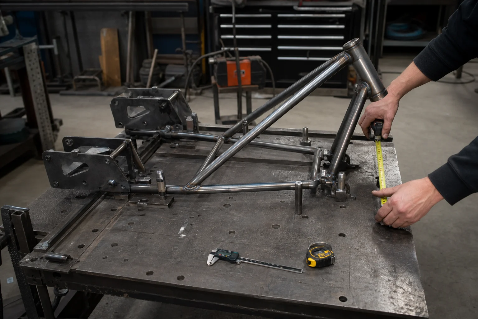 AI editorial image of a drift trike frame being measured on a fabrication jig