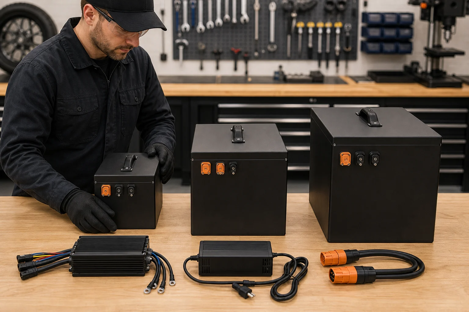 AI editorial image comparing three enclosed electric vehicle battery systems